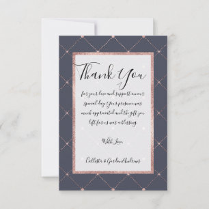 Girly Pink Rose Gold Diamond Navy Blue Geometric Bedankkaart