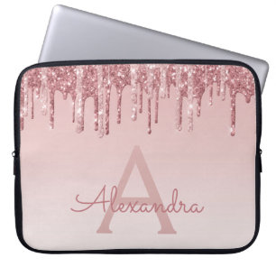 Girly Pink Rose Gold Glitter Drives Monogram Laptop Sleeve