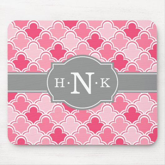 Girly Pink Scallop Pattern Gray Monogram Muismat (Voorkant)