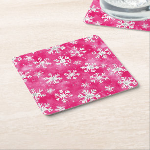 Girly Pink Silver Glam Christmas Snowflakes Vierkante Kartonnen Onderzetter