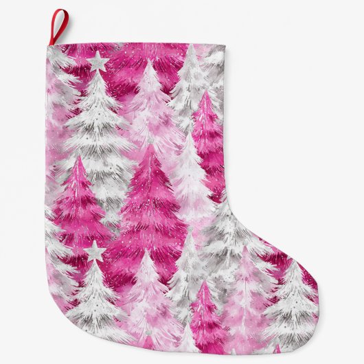 Girly Pink Silver Glam kerstbomen Grote Kerstsok (Voorkant)