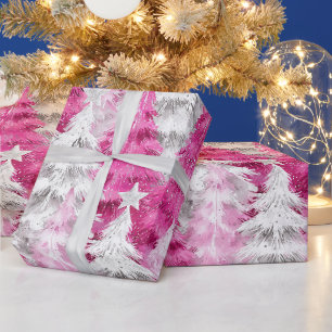Girly Pink Silver Glam Kerstbomen Strepen Cadeaupapier