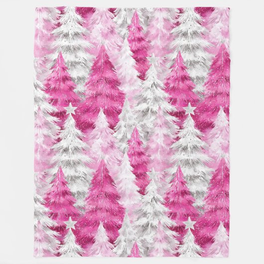Girly Pink Silver Glam Kerstbomen Strepen Fleece Deken (Voorkant)