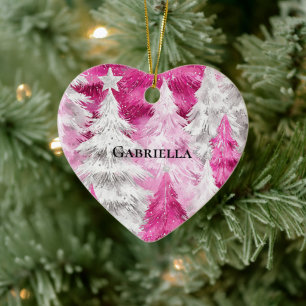Girly Pink Silver Glam Kerstbomen Strepen Keramisch Ornament