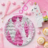 Girly Pink Silver Glam Kerstbomen Strepen Papieren Bordje (Feest)