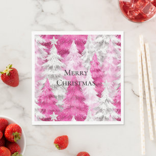 Girly Pink Silver Glam Kerstbomen Strepen Servet