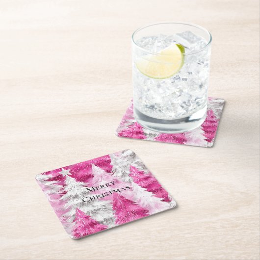 Girly Pink Silver Glam Kerstbomen Strepen Vierkante Kartonnen Onderzetter (Insitu)