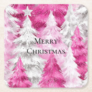 Girly Pink Silver Glam Kerstbomen Strepen Vierkante Kartonnen Onderzetter
