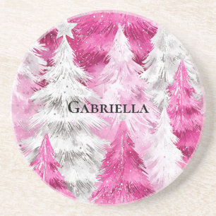 Girly Pink Silver Glam Kerstbomen Strepen Zandsteen Onderzetter
