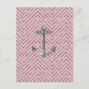 Girly Pink Silver Glitter Chevron Pattern Anchor Briefkaart