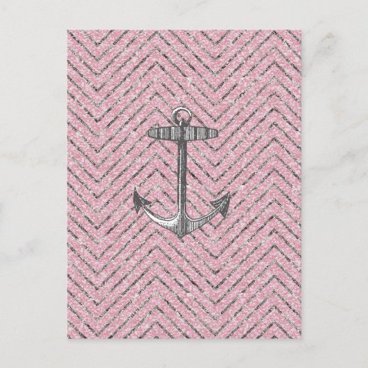 Girly Pink Silver Glitter Chevron Pattern Anchor Briefkaart (Voorkant)