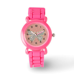 Girly Pink Silver Glitter Diamonds Butterfly Horloge