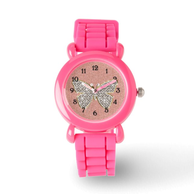 Girly Pink Silver Glitter Diamonds Butterfly Horloge (Voorkant)