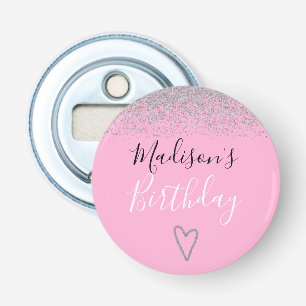 Girly Pink Silver Glitter Sparkles Heart Birthday Button Flesopener