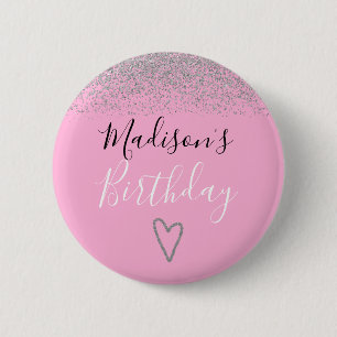 Girly Pink Silver Glitter Sparkles Heart Birthday Ronde Button 5,7 Cm