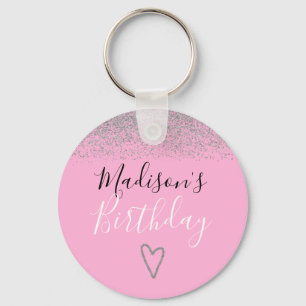 Girly Pink Silver Glitter Sparkles Heart Birthday Sleutelhanger