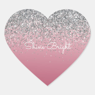 Girly Pink Silver Sparkle Glitter Hart Sticker