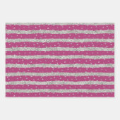Girly Pink Silver Sparkly Confetti Stripes Inpakpapier Vel (Voorkant 3)