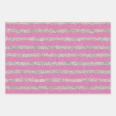 Girly Pink Silver Sparkly Confetti Stripes Inpakpapier Vel (Voorkant)