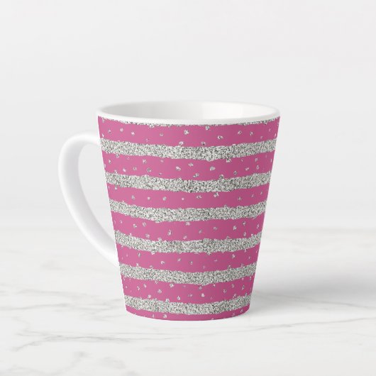 Girly Pink Silver Sparkly Confetti Stripes Latte Mok (Linkerhoek)
