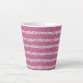 Girly Pink Silver Sparkly Confetti Stripes Latte Mok (Voorkant)