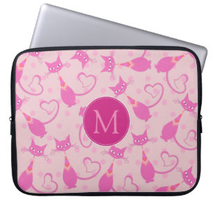 Girly Pink Slank Cat Pattern Monogram Laptop Sleeve