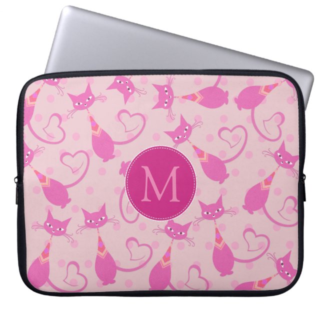 Girly Pink Slank Cat Pattern Monogram Laptop Sleeve (Voorkant)