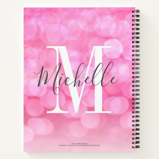 Girly Pink Sparkle Bokeh Monogram Naam Notitieboek (Achterkant)