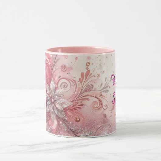 Girly Pink Sparkle Glitter Flower Mok (Midden)