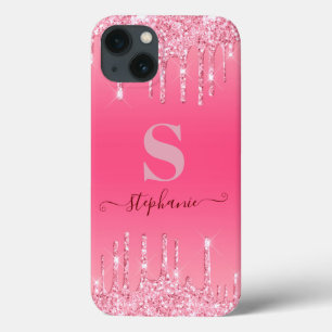 Girly Pink Sparkle Glitter Monogram iPhone 13 Hoesje