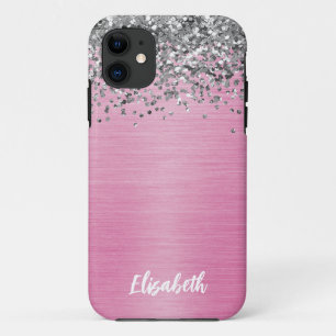 Girly Pink Sparkle Glitter Monogram Naam iPhone 11 Hoesje