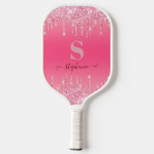 Girly Pink Sparkle Glitter Monogram Pickleball Paddle (Achterkant)