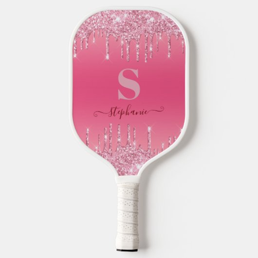 Girly Pink Sparkle Glitter Monogram Pickleball Paddle (Achterkant)