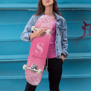 Girly Pink Sparkle Glitter Monogram Skateboard