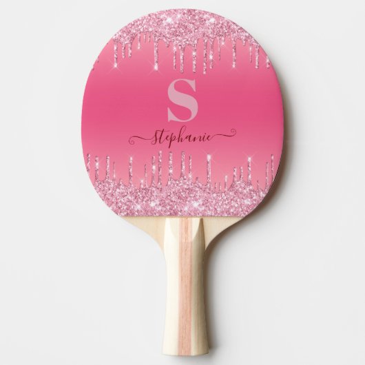 Girly Pink Sparkle Glitter Monogram Tafeltennisbatje (Voorkant)