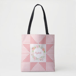 Girly Pink Star Quilt Roos Wreatand Name Tote Bag