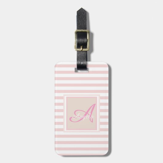 Girly Pink Stripe Monogram-persoonlijk Bagagelabel (Voorkant verticaal)