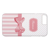 Girly Pink Stripes Cute Polka Dot Bow met naam Case-Mate iPhone Case (Achterkant (Horizontaal))