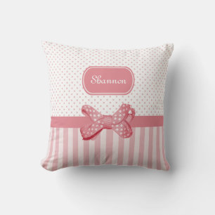 Girly Pink Stripes Cute Polka Dot Bow met naam Kussen