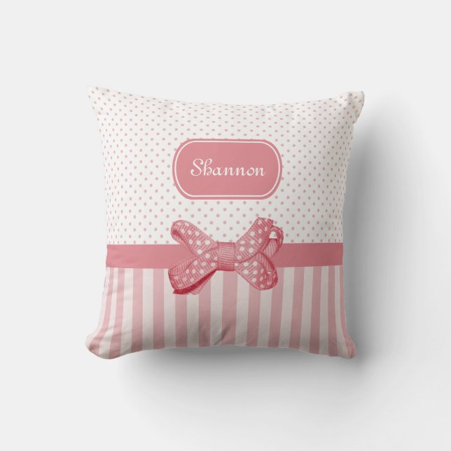 Girly Pink Stripes Cute Polka Dot Bow met naam Kussen (Voorkant)