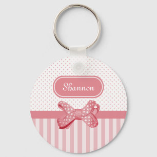 Girly Pink Stripes Cute Polka Dot Bow met naam Sleutelhanger
