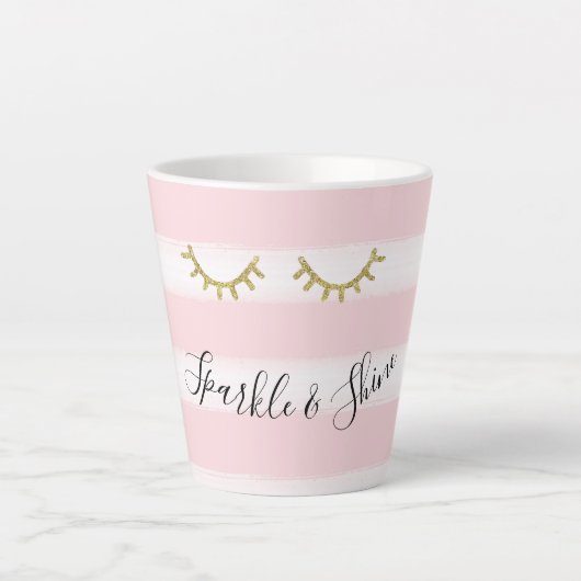 Girly Pink Stripes Gouden Glitter Wimpers Sparkle Latte Mok (Voorkant)