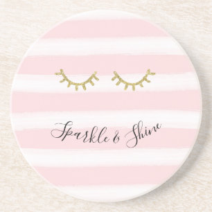 Girly Pink Stripes Gouden Glitter Wimpers Sparkle Zandsteen Onderzetter