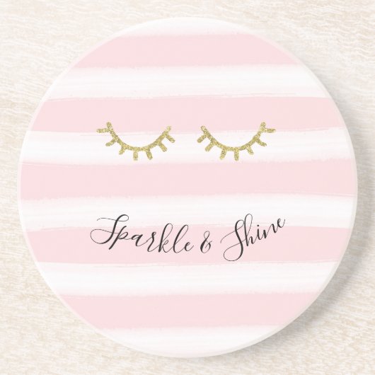 Girly Pink Stripes Gouden Glitter Wimpers Sparkle Zandsteen Onderzetter (Voorkant)
