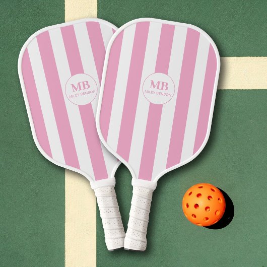 Girly Pink Stripes Monogram Aangepaste naam Pickleball Paddle
