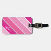 Girly Pink Stripes Patroon Script Naam Bagagelabel (Voorkant horizontaal)