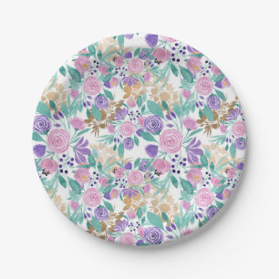 Girly Pink Violet Paarse Gold Waterverf Flowers Papieren Bordje