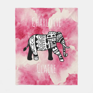 Girly Pink Waterverf Black & White Tribe Elephant Fleece Deken