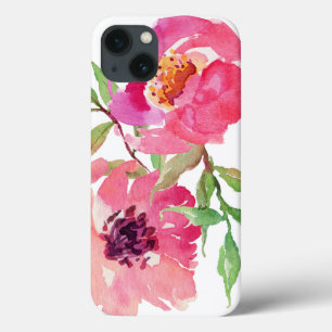 Girly Pink Waterverf Floral Pattern iPhone 13 Hoesje