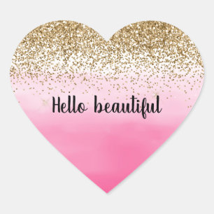 Girly Pink Waterverf Gold Glitter Hart Sticker